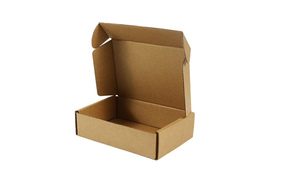 B flute corrugated structure of an unprinted kraft mailer box